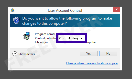 Screenshot where Oleh  Aleksyuk appears as the verified publisher in the UAC dialog